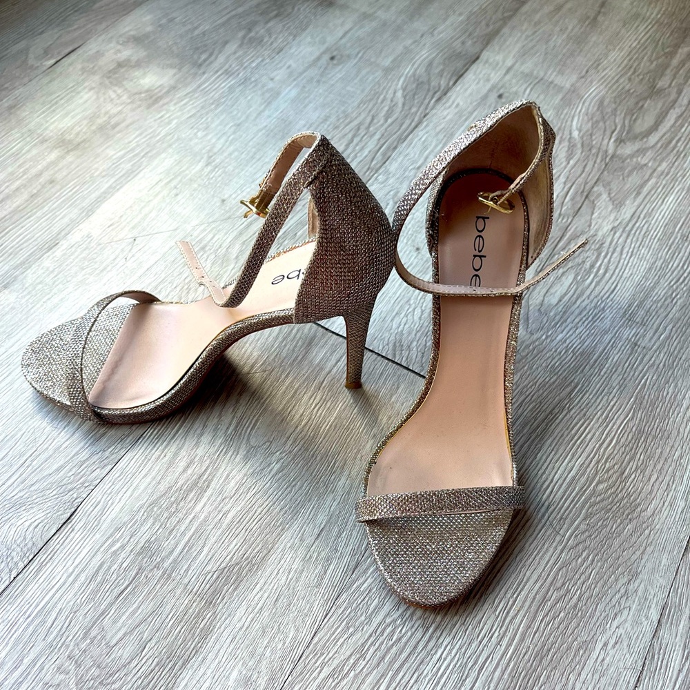 Bebe women, gold, stiletto strapped heels size 8